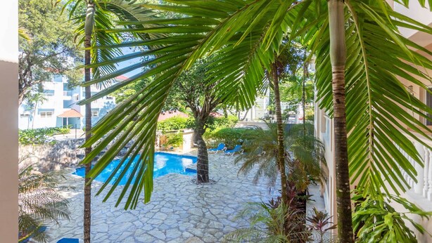 A pool area with stone flooring, palm trees, and a clear blue sky. - Alicia Beach, Hispanola Sol! (Sosúa)