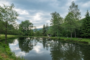 A tranquil lakeside scene with a small wooden structure, surrounded by lush greenery and trees.