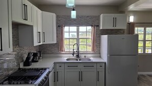 Una cucina con mobili bianchi, un piano cottura integrato, un lavello e un frigorifero.