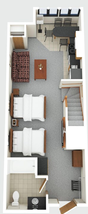 Distribución moderna de un apartamento con sala de estar, dos dormitorios, cocina y baño.