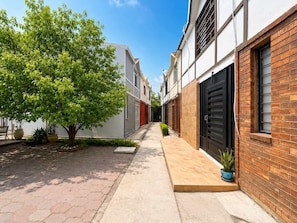 A narrow alleyway with a tree, potted plants, and a pathway leading to a building with a brick facade and a black door.