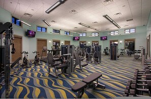 A gym with exercise equipment, a patterned carpet, and multiple TV screens on the walls. - Go!#34 - CHAMPIONS GATE (Davenport)