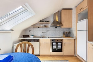A compact kitchen with a skylight, a dishwasher, an oven, and wooden cabinets. - Apartment 'House Ana' with Shared Terrace, Balcony and Wi-Fi (Aach)