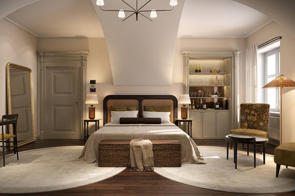 A bedroom with a large bed, a chest of drawers, a chair, a table, a mirror, and a window.