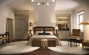 Une chambre à coucher avec un grand lit, une commode, une chaise, une table, un miroir et une fenêtre.