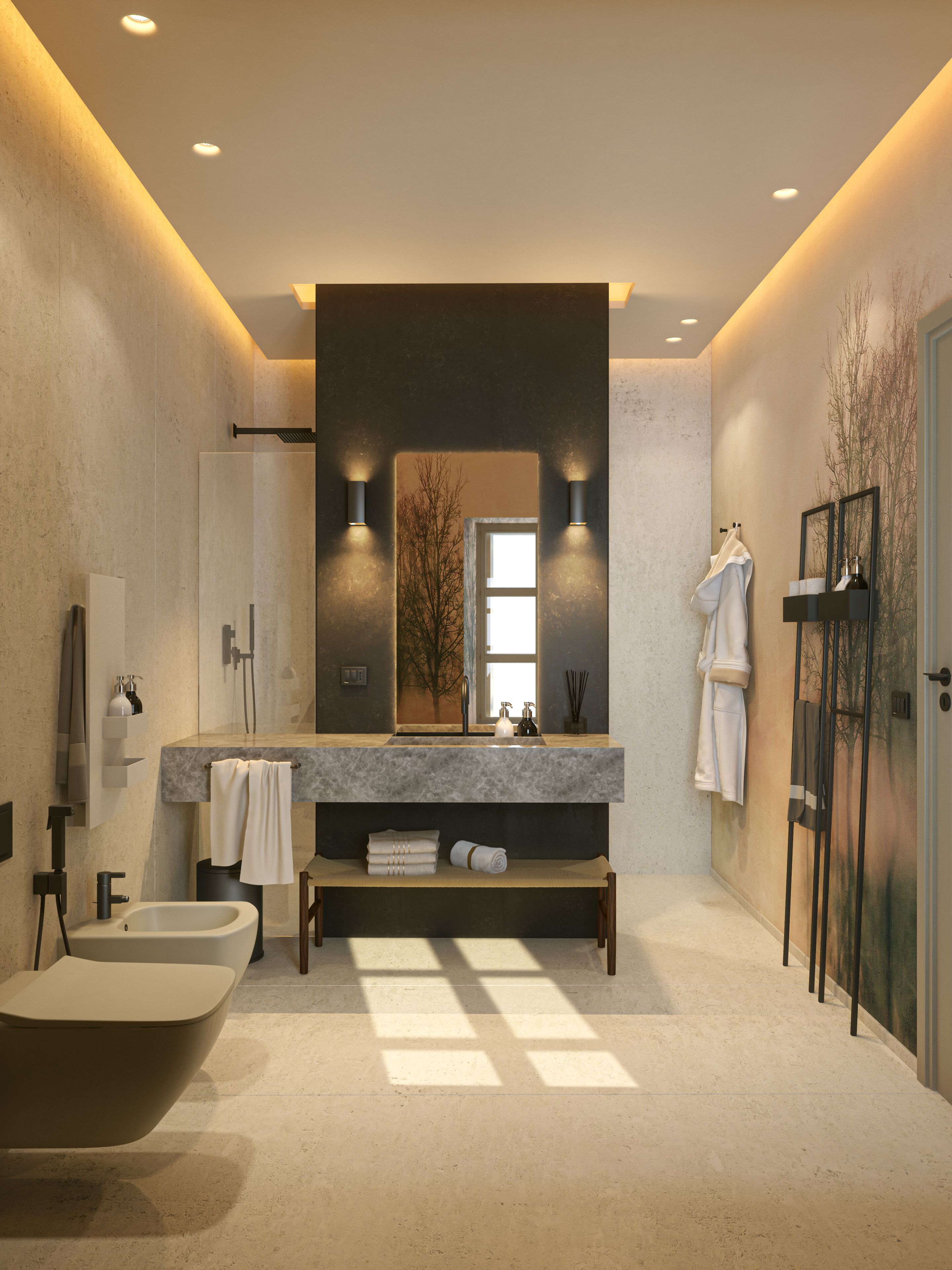 A modern bathroom with a freestanding bathtub, a large mirror, and a bench.