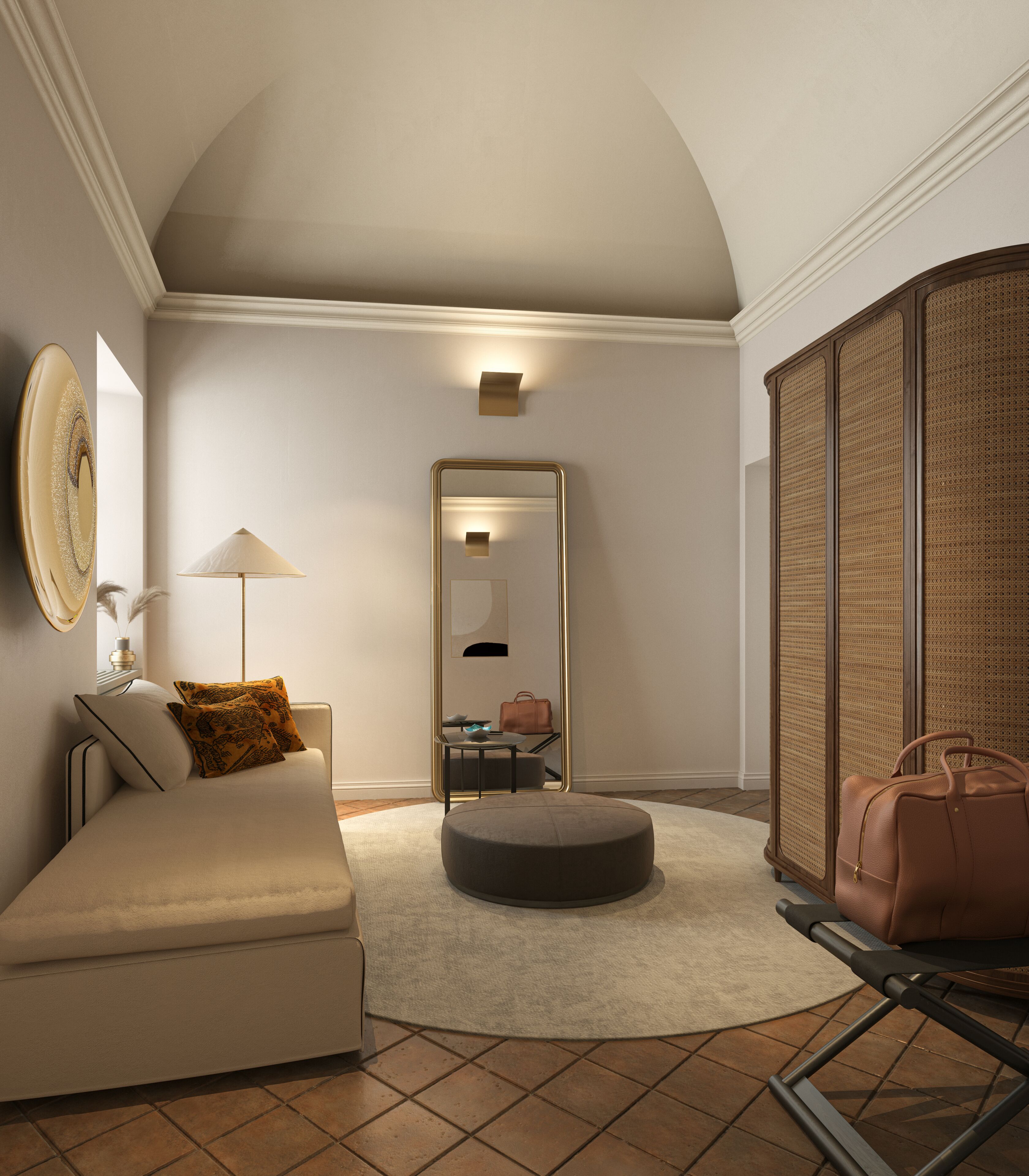 A modern living room with a sofa, ottoman, and a large mirror.