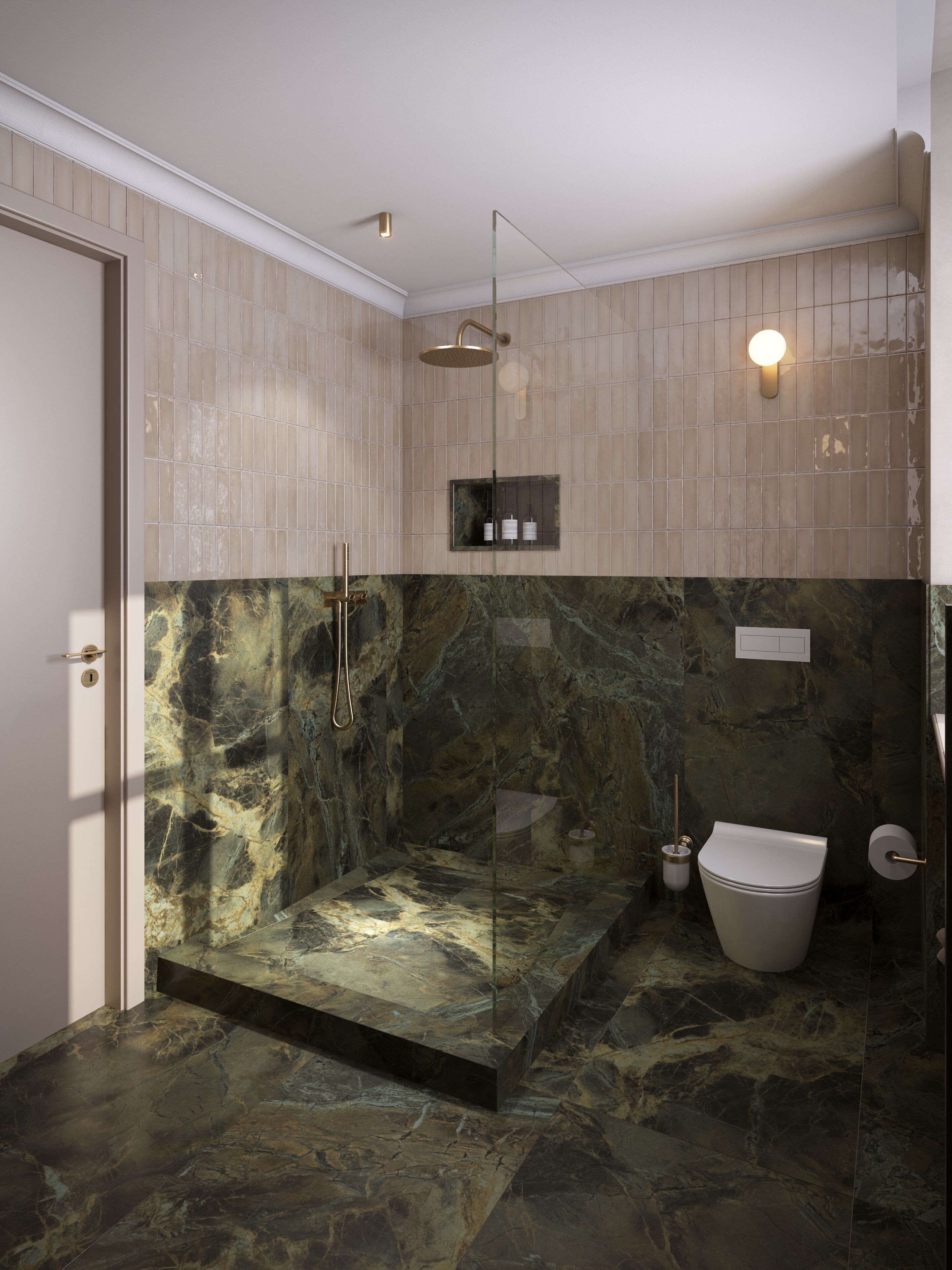 A modern bathroom with a glass-enclosed shower, marble walls, and a toilet.