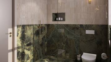 A modern bathroom with a glass-enclosed shower, marble walls, and a toilet.