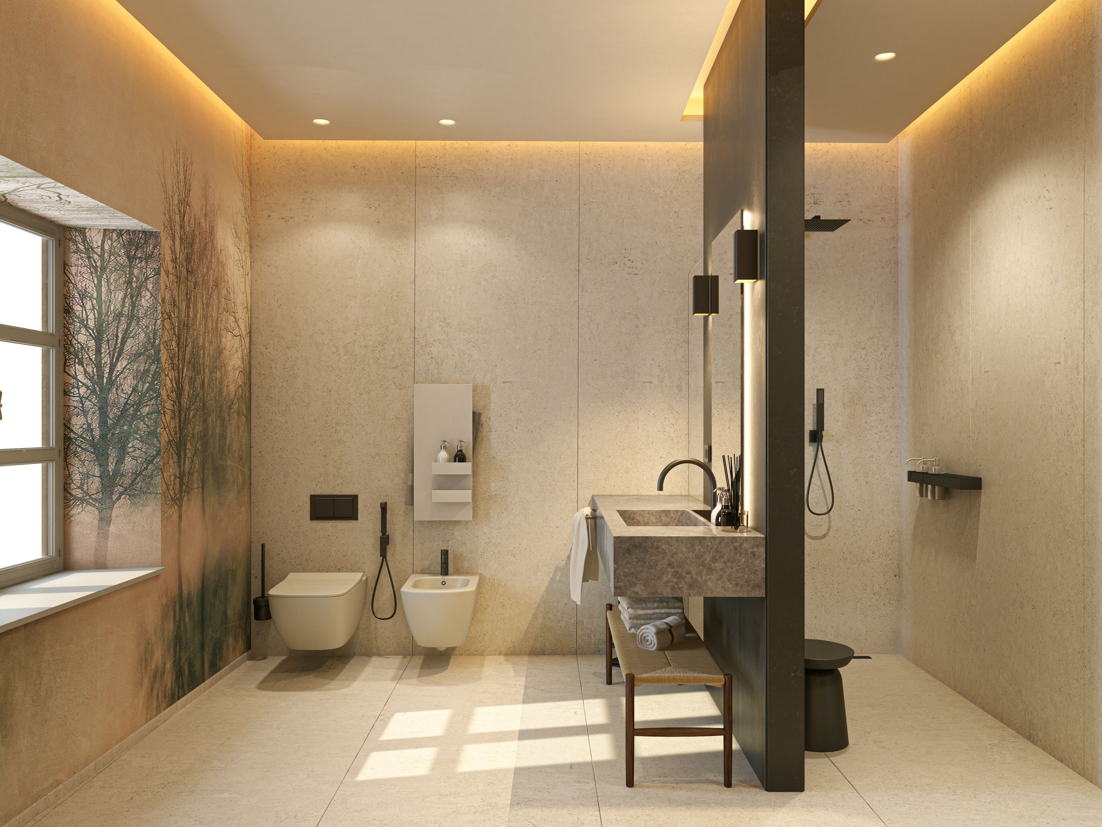 Une salle de bain moderne équipée de toilettes, d’un bidet, d’un lavabo et d’un banc.