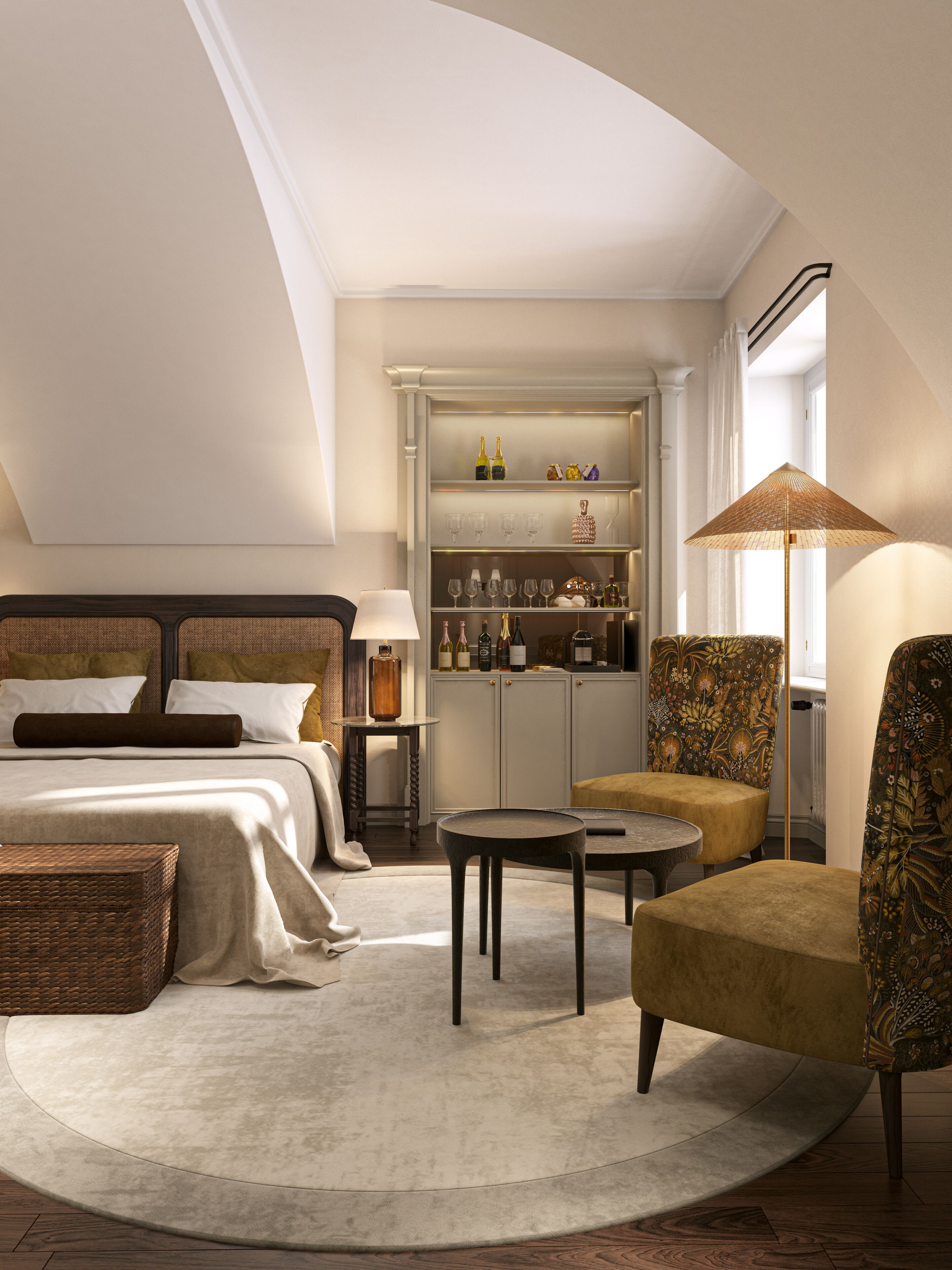 A modern hotel room with a bed, a seating area with a chair and table, a minibar, and a large window.