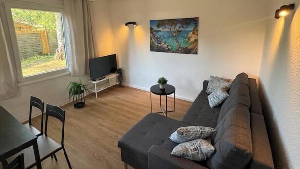 Een woonkamer met een bank, een televisie, een eettafel met stoelen, een klein rond tafeltje met een plant en een schilderij aan de muur.