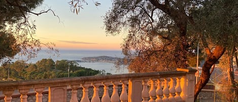 A stone balustrade overlooking a coastal landscape with trees and a distant view of the sea.