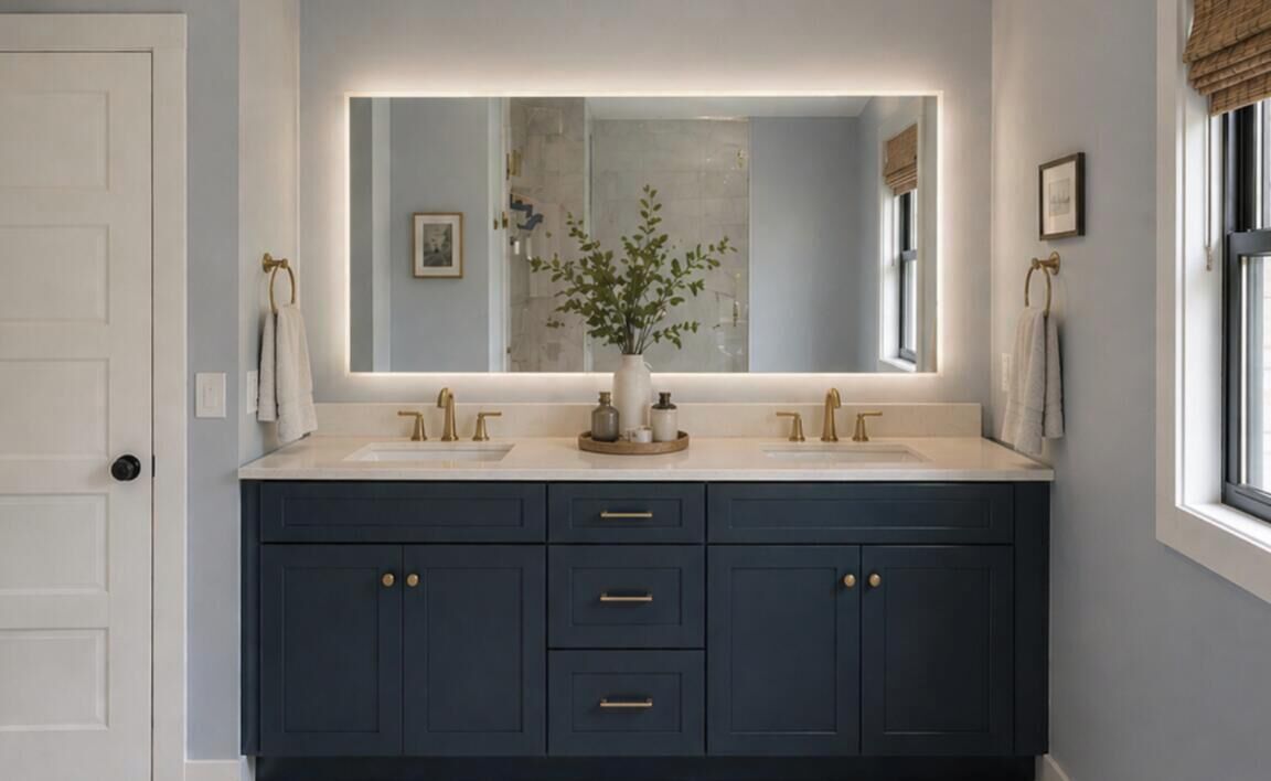 A bathroom with two sinks, a large mirror, and dark cabinets.