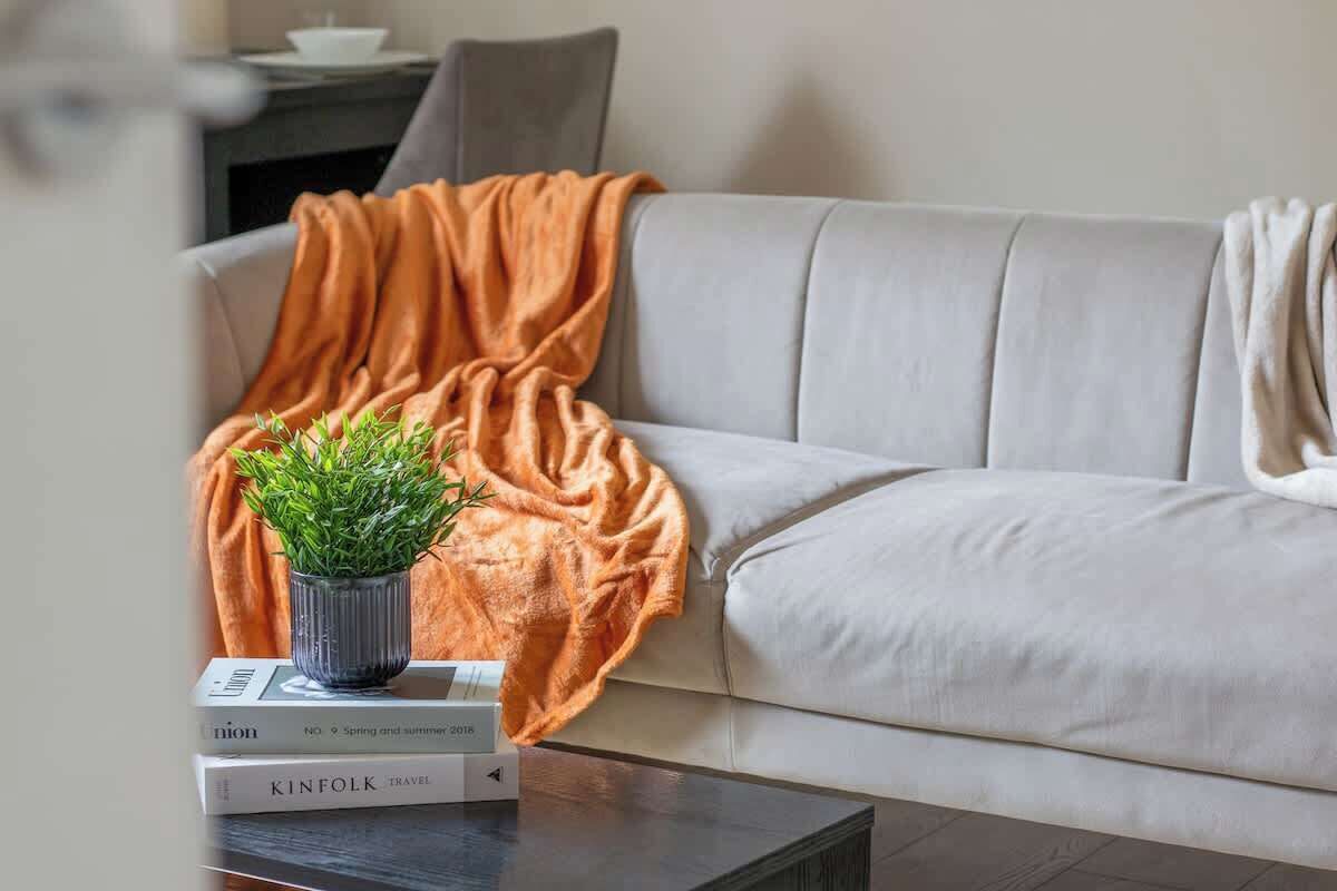 Una sala de estar moderna con un sofá gris, una pequeña mesa con libros y una planta en maceta, y una manta naranja cálida.