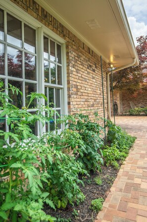 A brick building with a window, a garden with green plants, and a brick pathway.