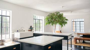 Une cuisine moderne dotée d’un grand îlot central, de meubles noirs et d’une plante en pot.