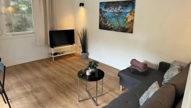 Un soggiorno con divano, televisore su mobile, quadro appeso e finestra con tende.