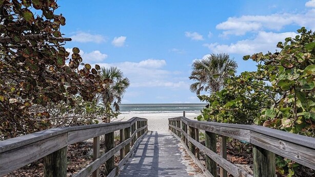 A wooden boardwalk leading to a beach with palm trees on either side. - Sunset Cottages Suite 1 (Indian Shores)