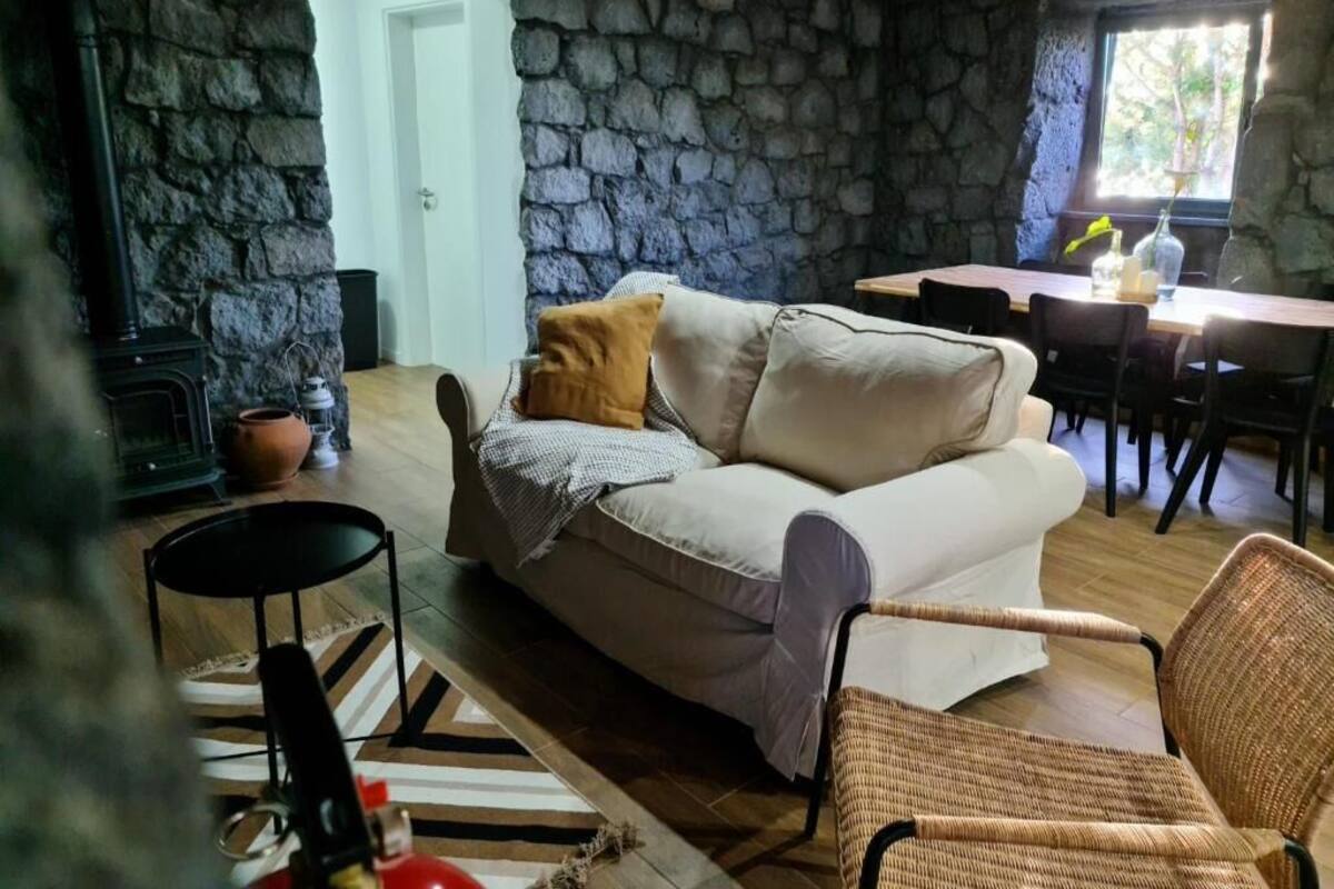 A cozy living area with a stone wall, a sofa, a wicker chair, a dining table, and a fireplace.