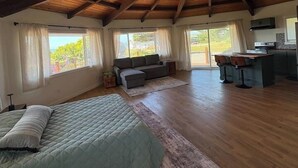 Ein geräumiges Schlafzimmer im Loft-Stil mit einem großen Bett, einer Couch und einer Küchenzeile mit Barhocker.