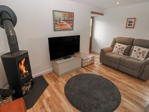 A living room with a wood-burning stove, a flat-screen TV, a sofa with floral cushions, and a painting on the wall. - The Gallops (Barry)