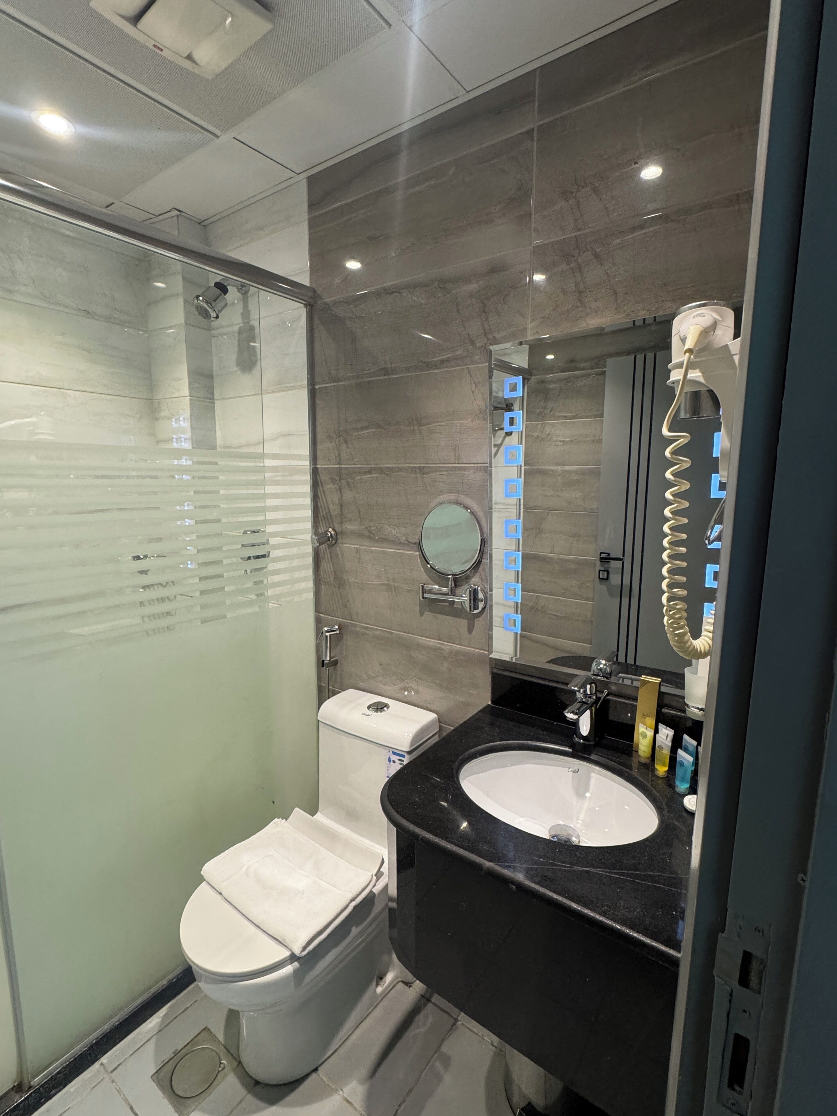 A modern bathroom with a glass shower enclosure, a toilet, a sink with a mirror, and a towel rack.