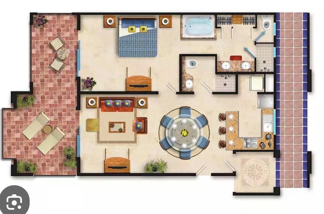 Distribución de un hotel con piscina, varias habitaciones, zona de comedor y baño.