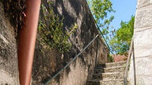 A stone staircase with metal handrails, potted plants, and a clear sky in the background. - Maison avec jardin suspendu - vue sur le Donjon (Loches)
