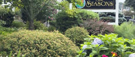 Placa do hotel 'The Seasons', cercado por vegetação exuberante e plantas floridas.