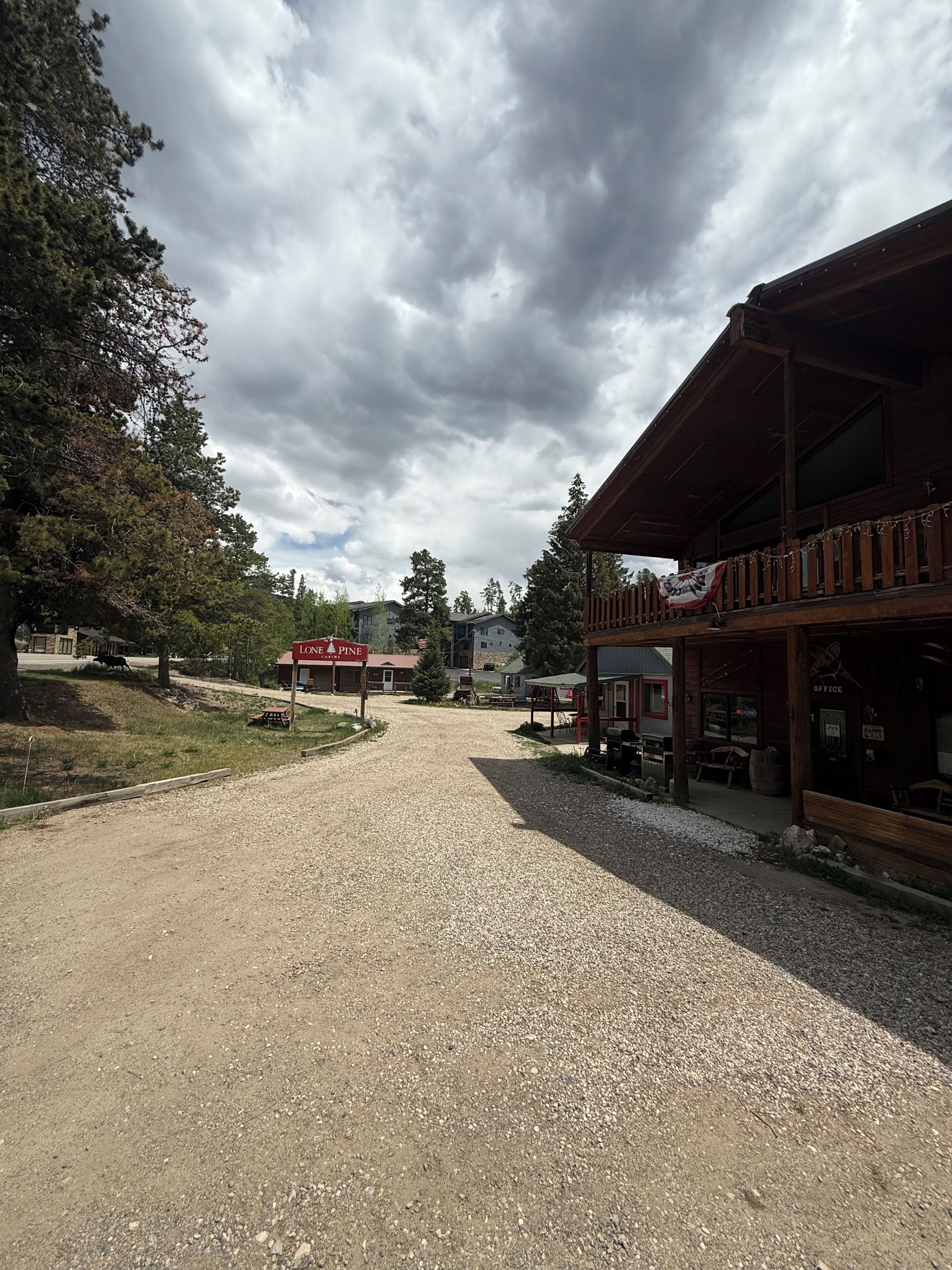 Un chemin de gravier mène à un chalet doté d’une façade en bois, d’une enseigne et offrant une vue sur la forêt environnante.