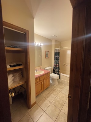 A bathroom with a wooden vanity, a sink, a toilet, and a shower area.