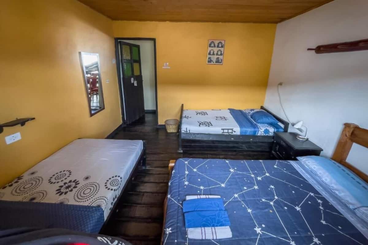 A room with two beds, wooden flooring, a mirror, a wall-mounted picture, and a door leading to another room.
