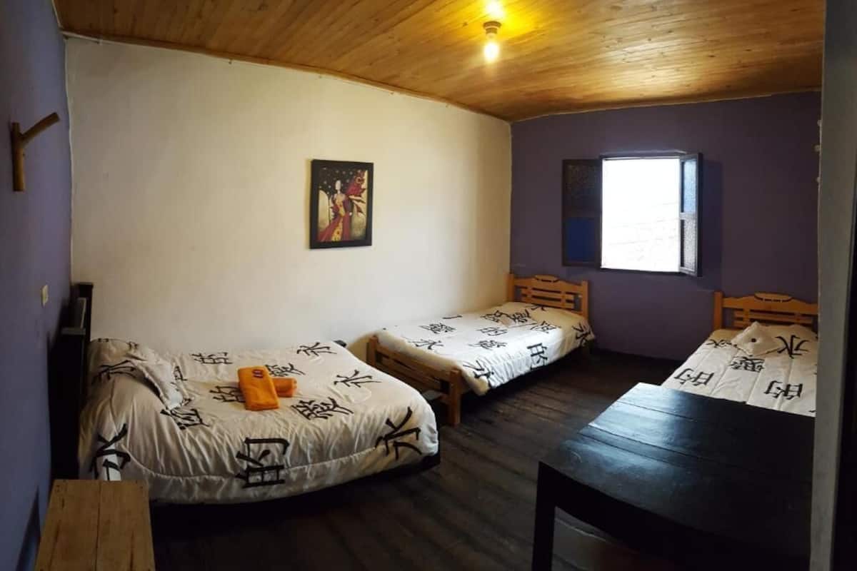 A room with two single beds, a wooden ceiling, a painting on the wall, and a window.