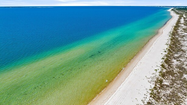 Ein Strand mit klarem Wasser, einem Sandufer und weiter Ferne.