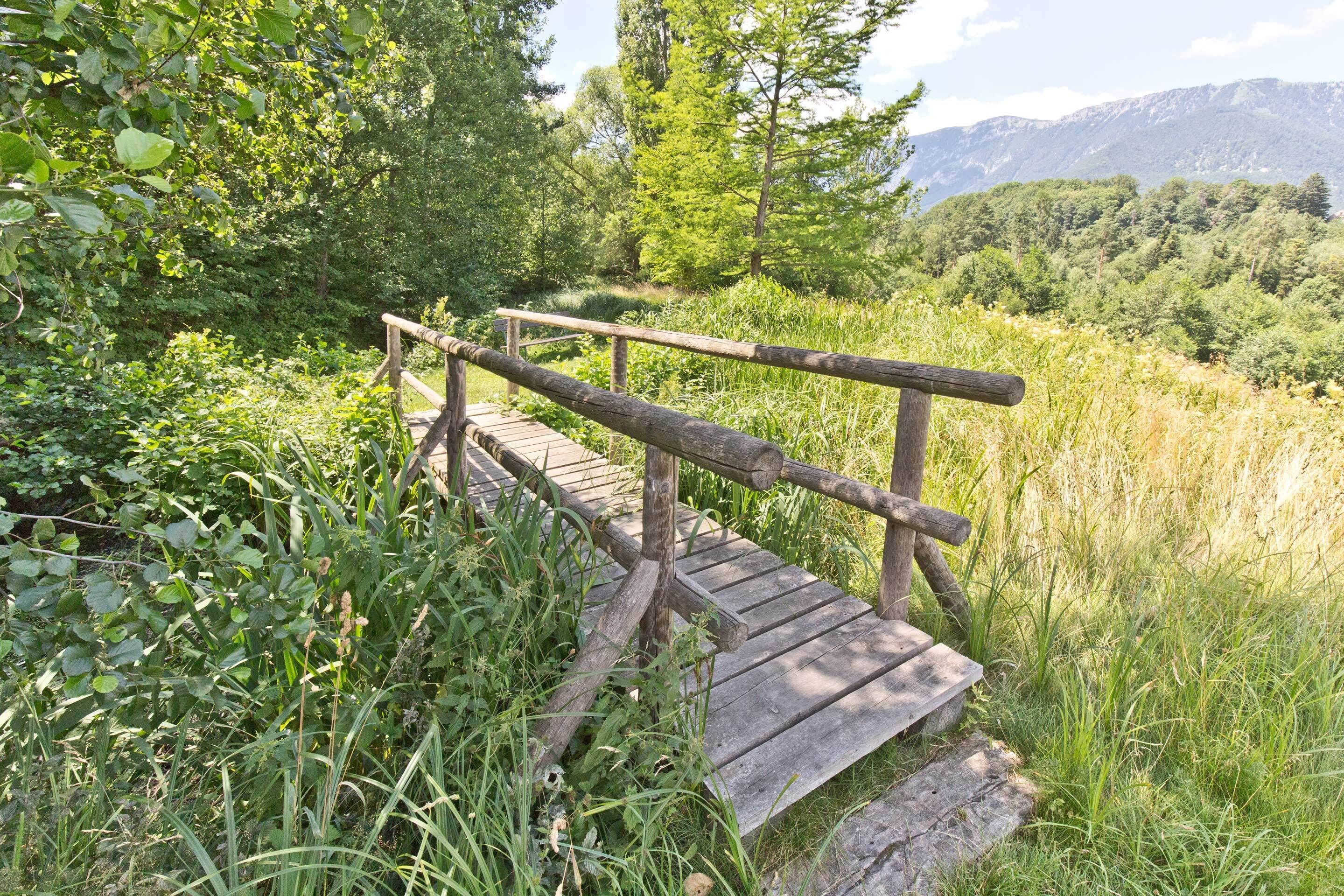 Un puente de madera en un entorno natural con montañas al fondo.