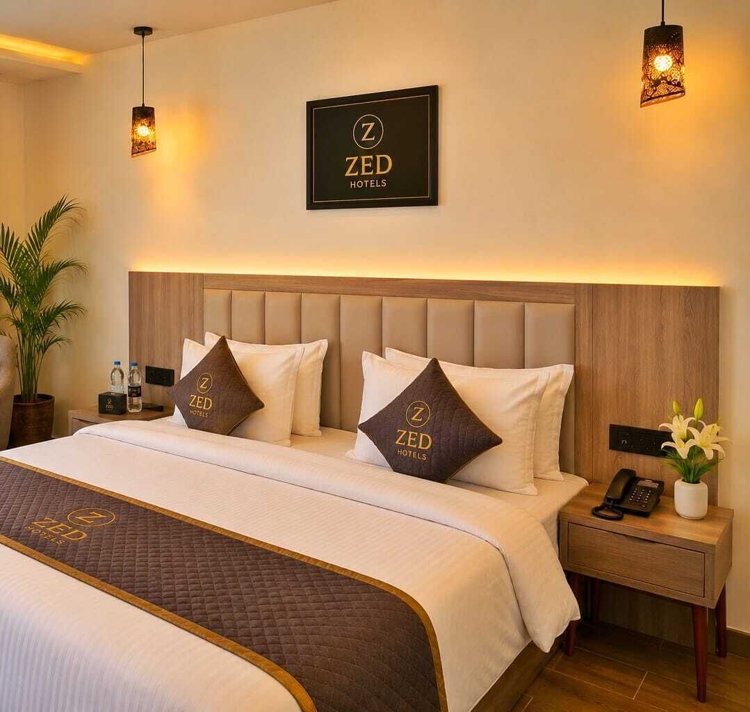 A hotel room with a bed, headboard, bedside tables, a nightstand, a potted plant, and a wall-mounted sign.