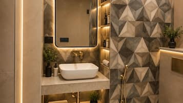 Hair dryer, towels, soap, shampoo