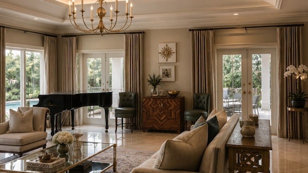 A spacious living room with a grand piano, comfortable seating, a chandelier, and large windows. - Pelican Beach Mansion (Fort Lauderdale)