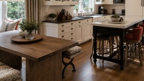 A kitchen with white cabinets, a wooden island, pendant lights, and a large window. - Pelican Beach Mansion (Fort Lauderdale)