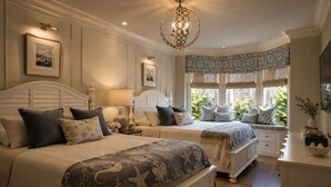 A bedroom with two beds, a chandelier, and a window with a view of greenery. - Pelican Beach Mansion (Fort Lauderdale)