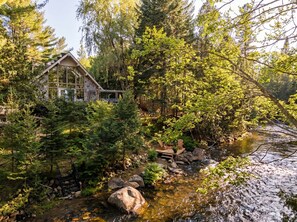 A cabin with a stone exterior, surrounded by dense forest and a stream.