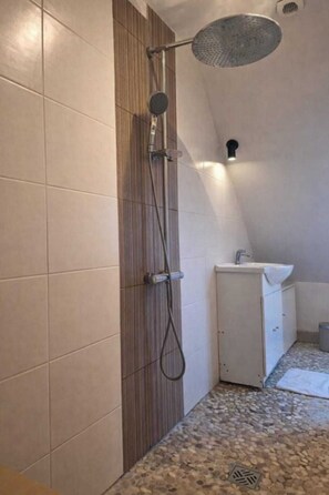 Ducha, secador de pelo, toallas y jabón