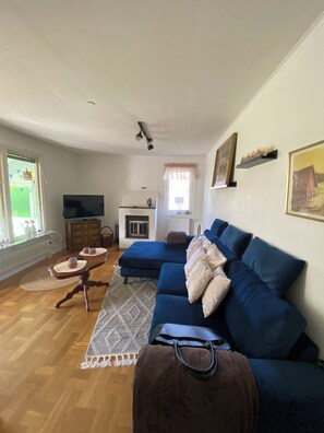 Uma sala de estar com sofá, televisão, lareira e janela com cortinas.