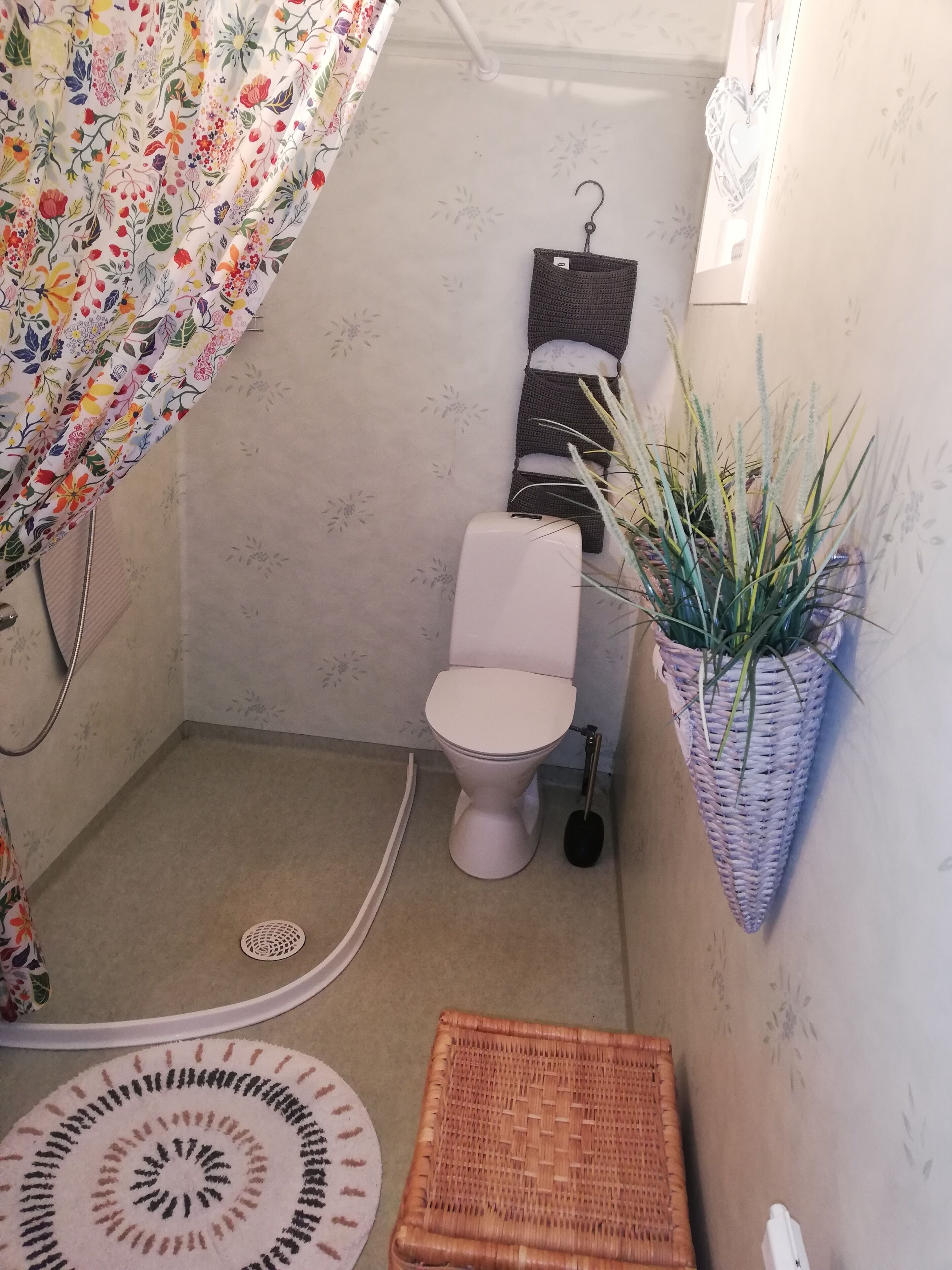 A small bathroom with a toilet, a shower curtain, a wall-mounted toilet paper holder, a floor drain, a woven basket, and a round rug.