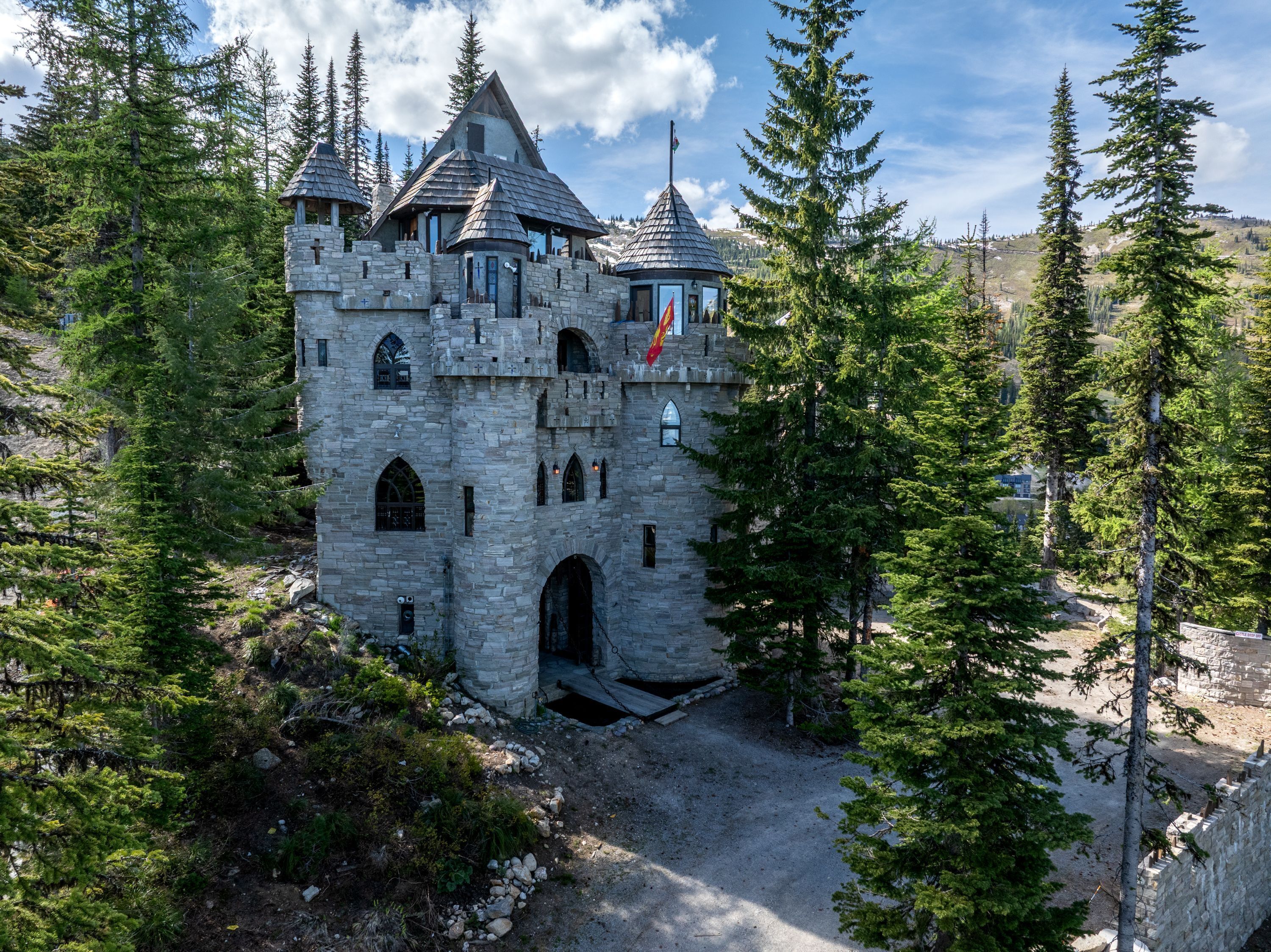 A stone castle with multiple towers, surrounded by dense forest.