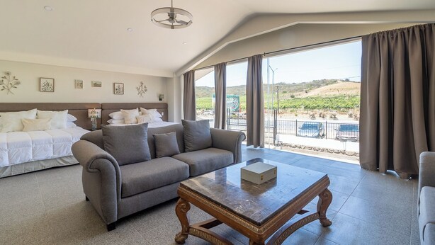A spacious room with a bed, a grey sofa, a wooden coffee table, and large windows offering a view of vineyards. - Casa Bugambilias by Villa de La Rosa (Valle de Guadalupe)