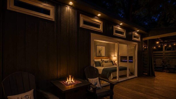 A cozy outdoor seating area with a fire pit, wooden deck, and a glass-enclosed bedroom with a bed and nightstand.