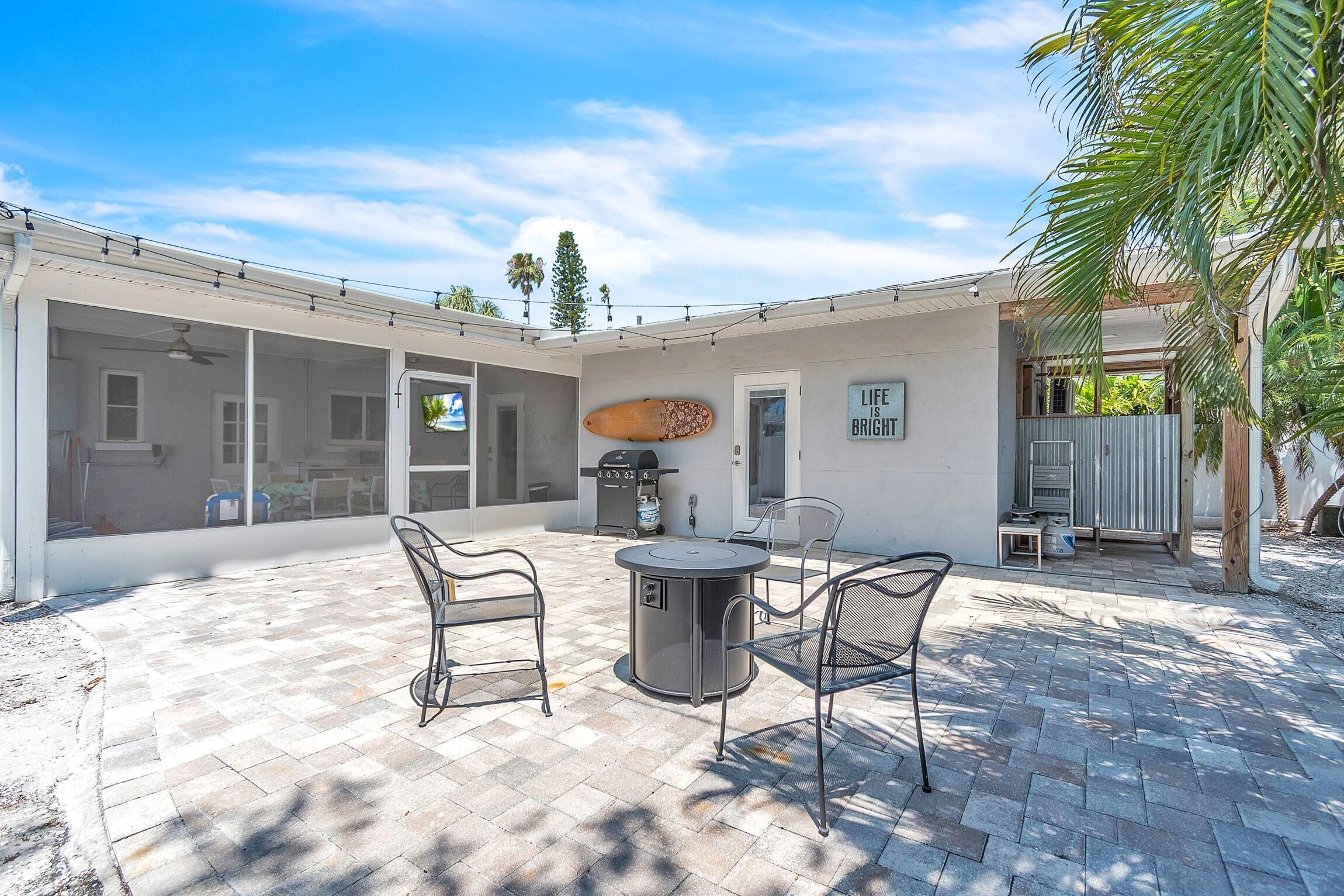 A covered patio with a grill, outdoor seating, and a view of the backyard.