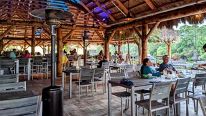 Un restaurant en plein air avec des tables et des chaises en bois, un toit de chaume et une vue sur la verdure.